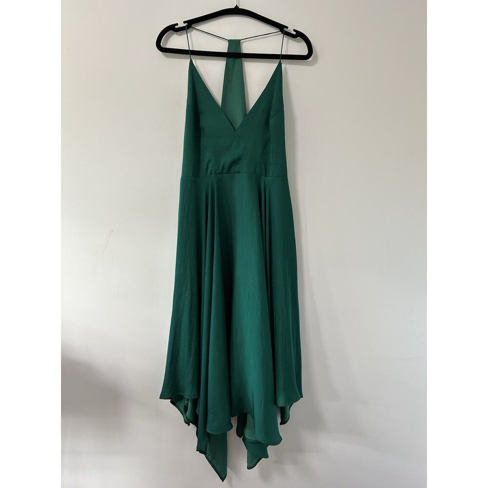 Kimchi Blue Green Emerald Midi Dress Gown Asymmetrical Hem Cocktail Satin Size 8 - Picture 2 of 12